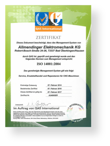 ISO 14001:2004 Umwelt Zertifikat